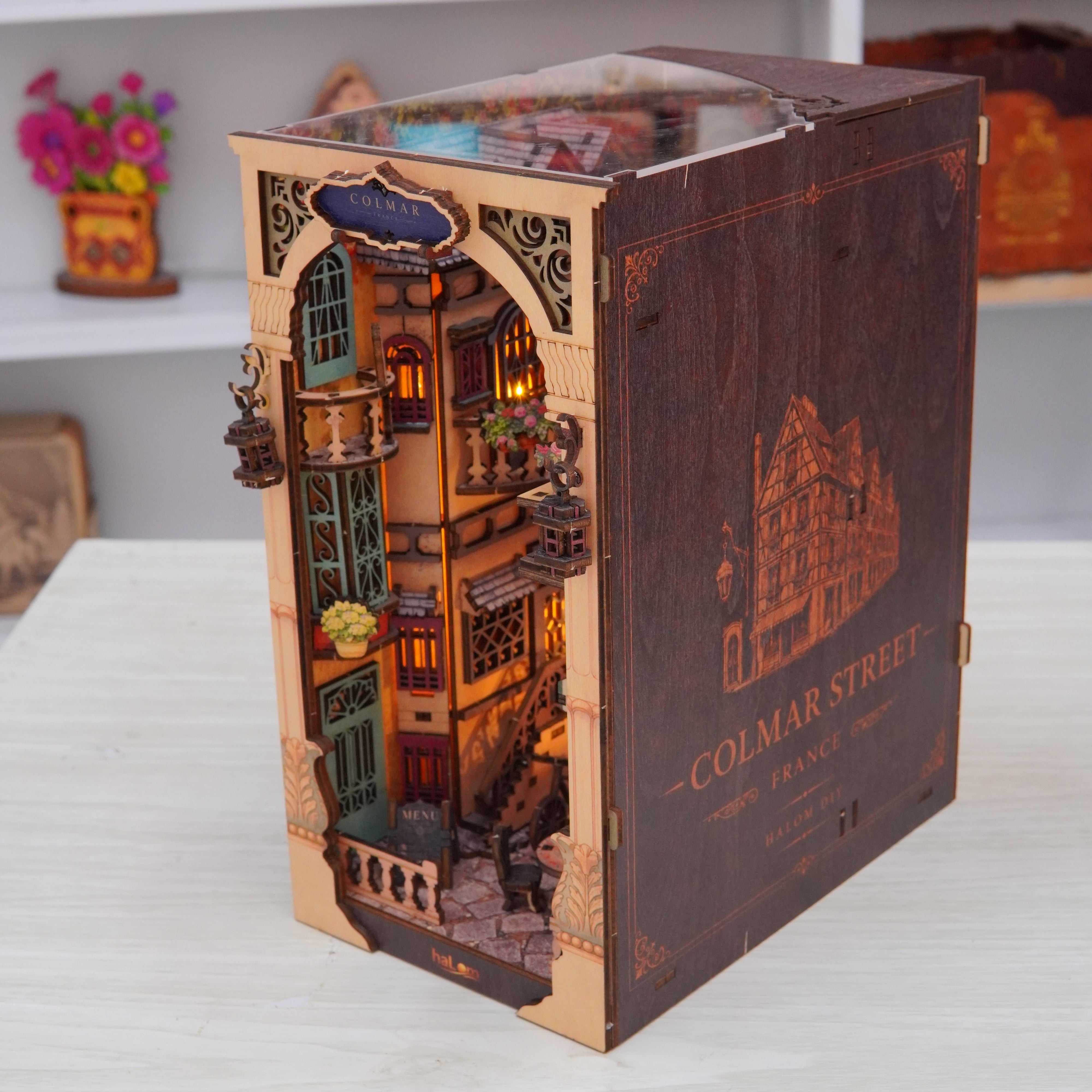 Halom Colmar Street DIY Book Nook Kit with LED – French Old Town Bookshelf Insert