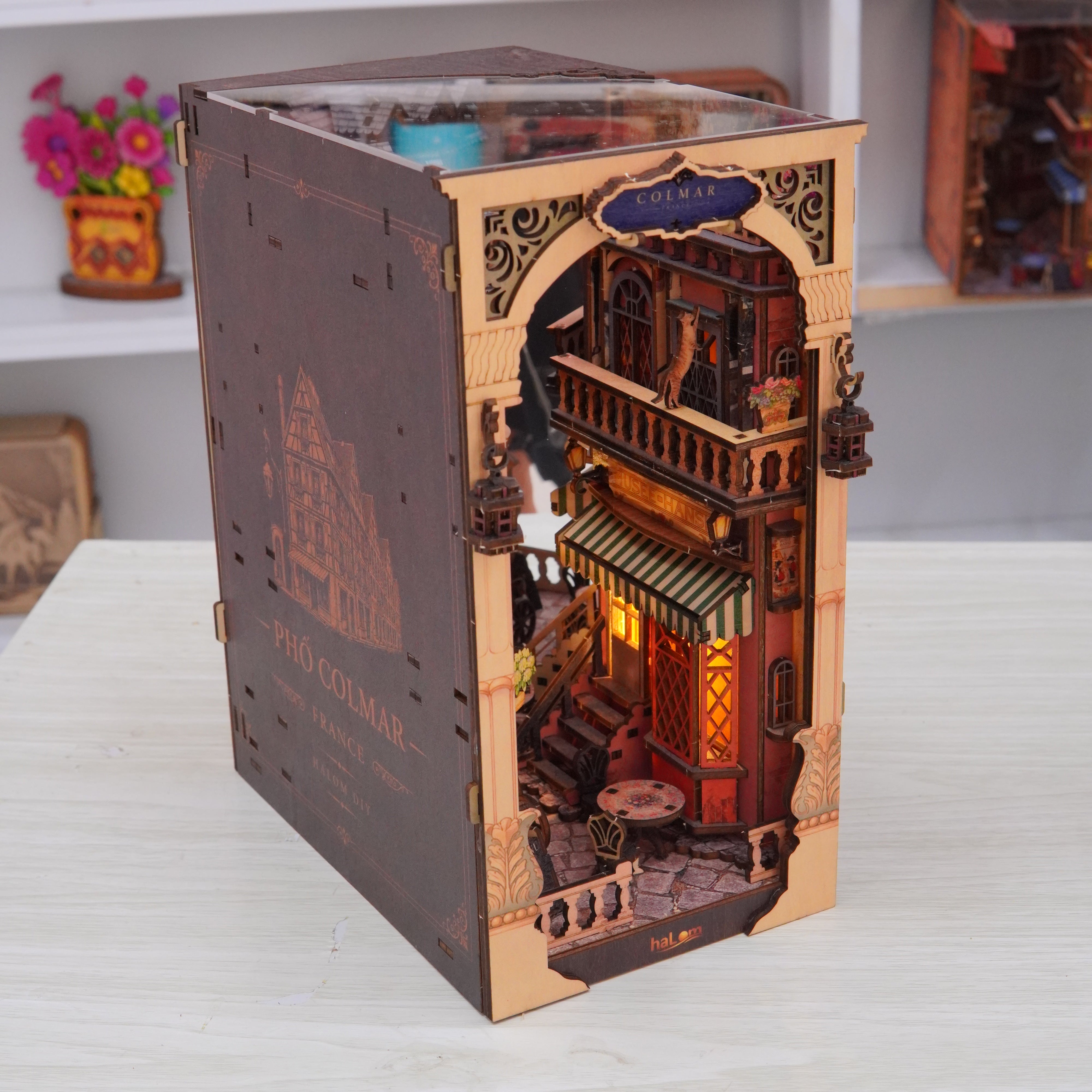 Halom Colmar Street DIY Book Nook Kit with LED – French Old Town Bookshelf Insert