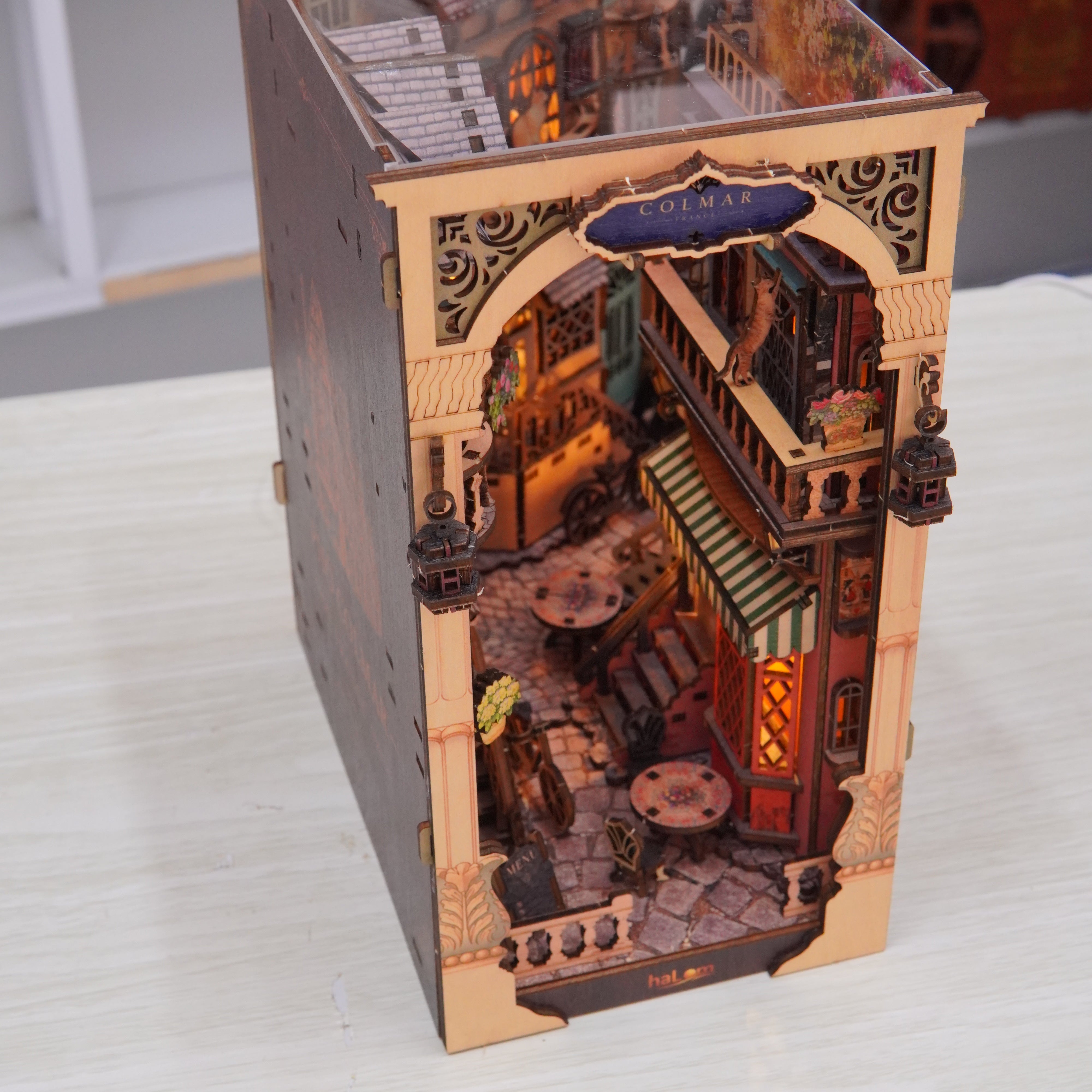Halom Colmar Street DIY Book Nook Kit with LED – French Old Town Bookshelf Insert