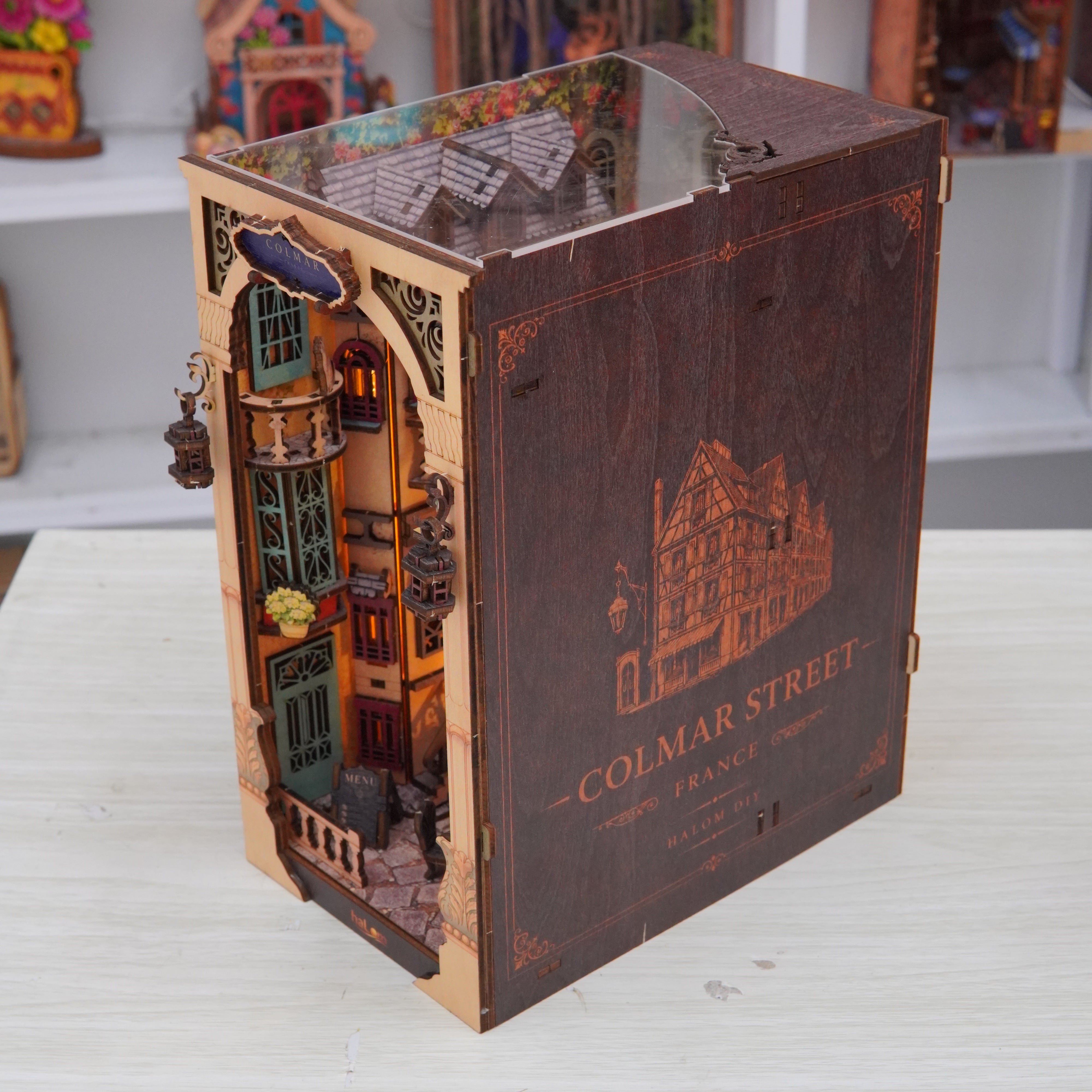 Halom Colmar Street DIY Book Nook Kit with LED – French Old Town Bookshelf Insert