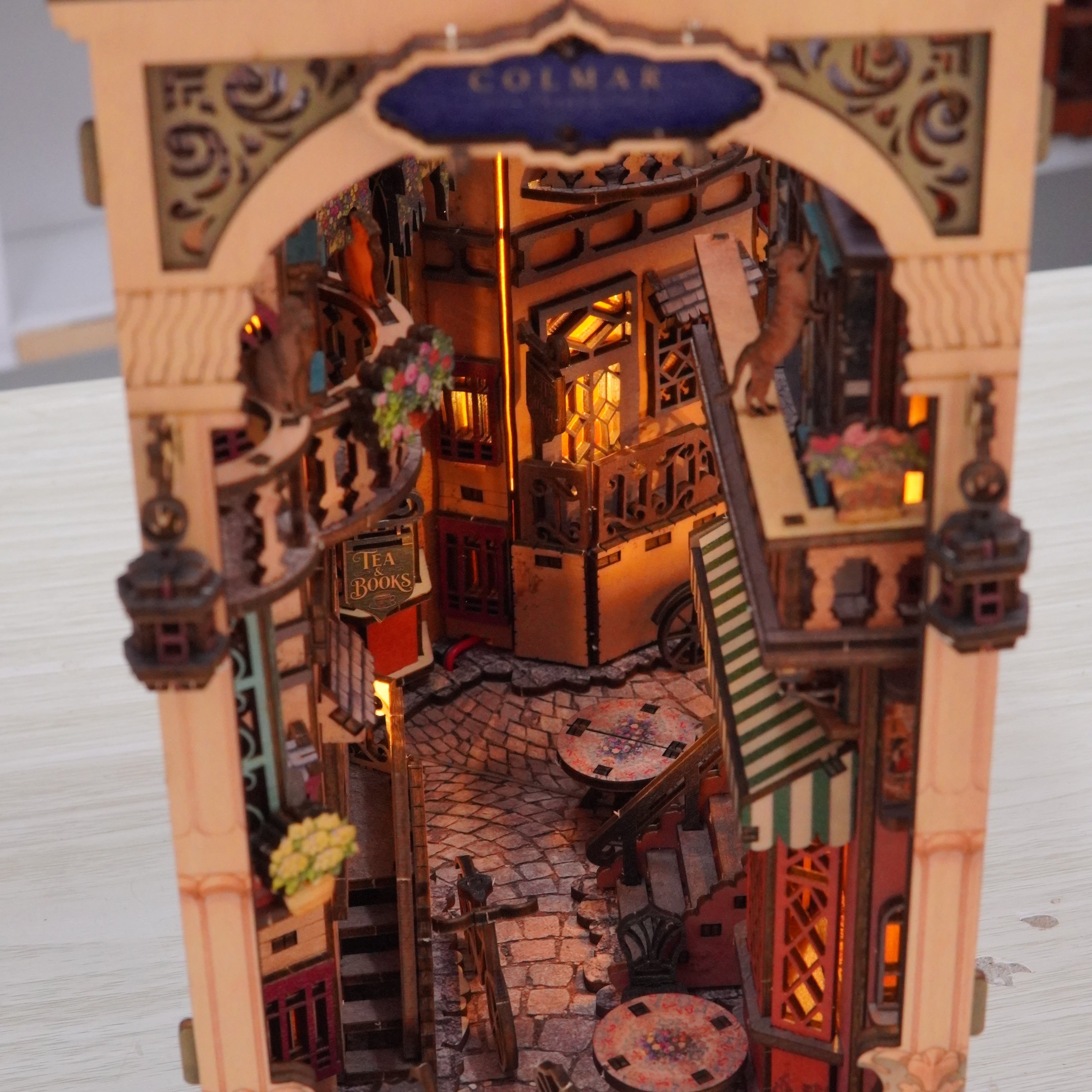 Halom Colmar Street DIY Book Nook Kit with LED – French Old Town Bookshelf Insert