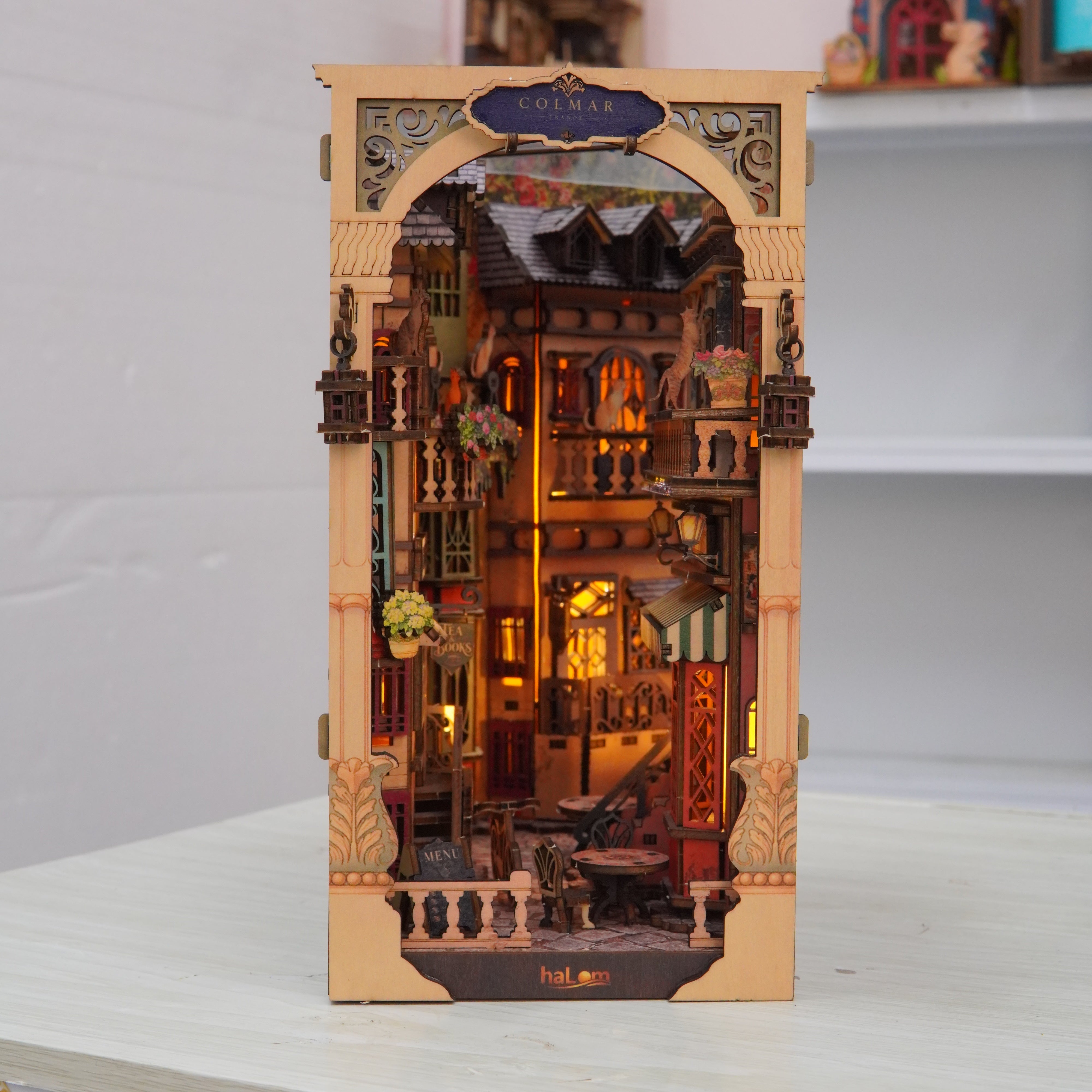 Halom Colmar Street DIY Book Nook Kit with LED – French Old Town Bookshelf Insert