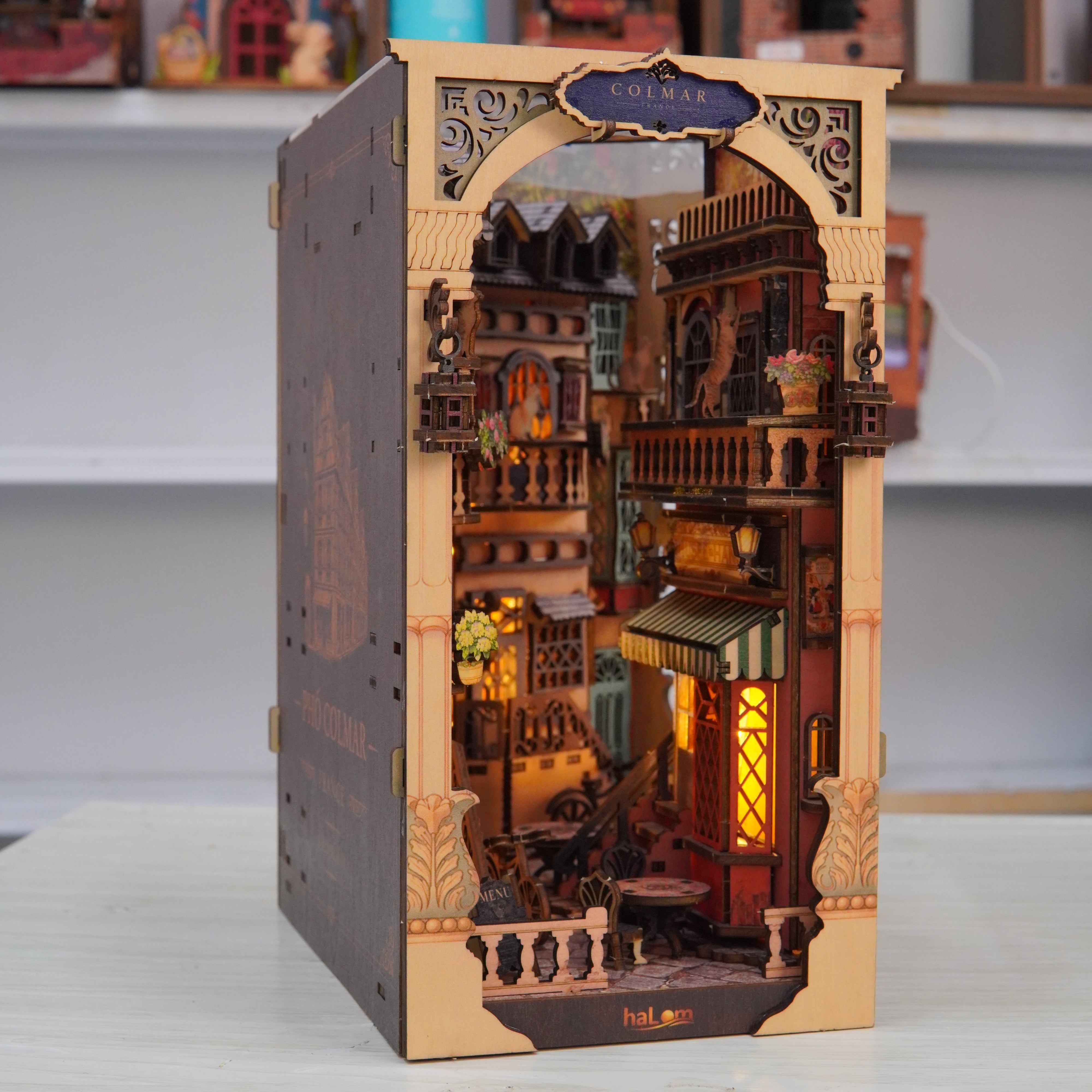 Halom Colmar Street DIY Book Nook Kit with LED – French Old Town Bookshelf Insert
