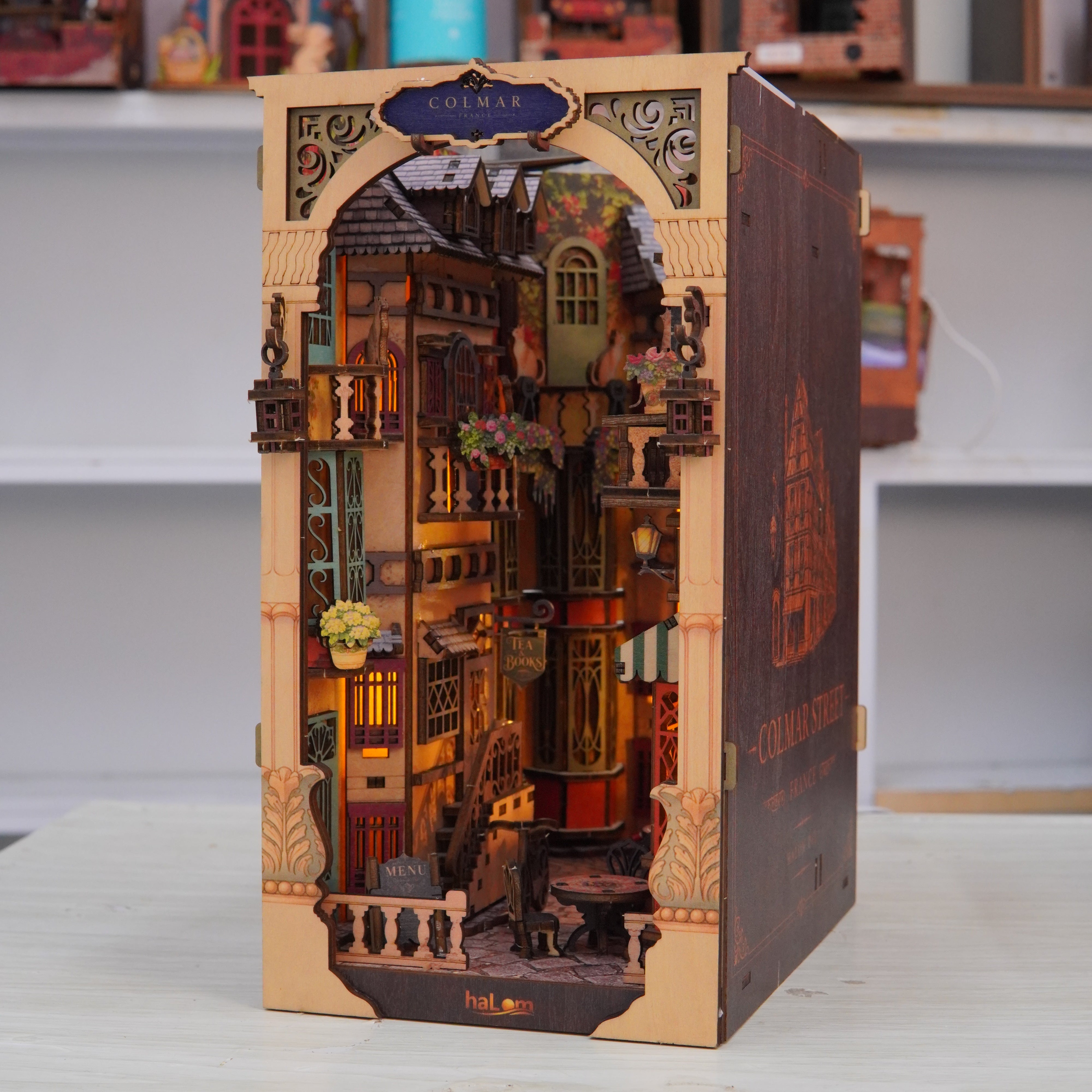 Halom Colmar Street DIY Book Nook Kit with LED – French Old Town Bookshelf Insert