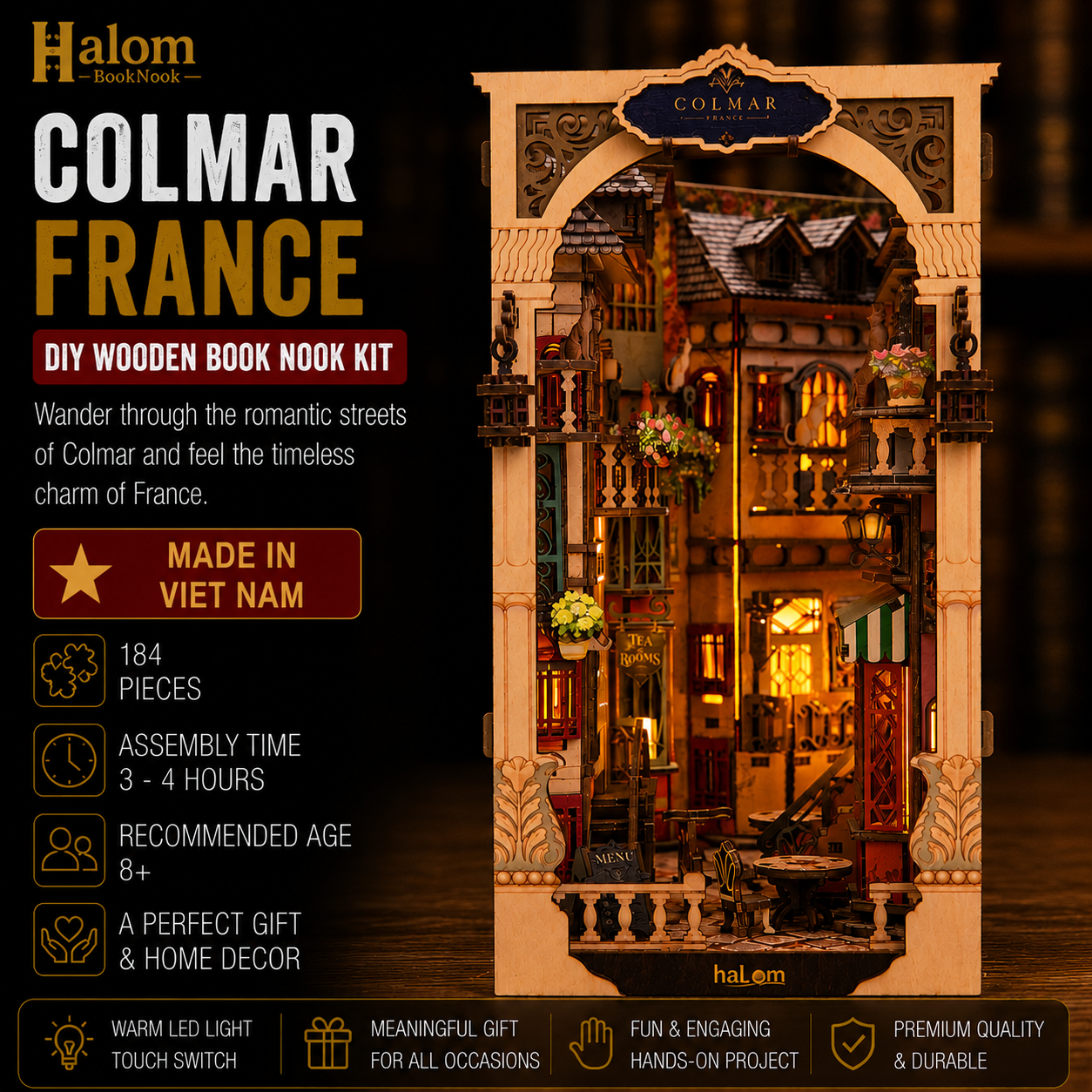 Halom Colmar Street DIY Book Nook Kit with LED – French Old Town Bookshelf Insert